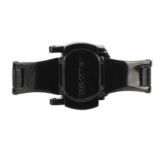 Black stainless steel double push button watch clasp buckle for secure watch strap fastening, premium quality.