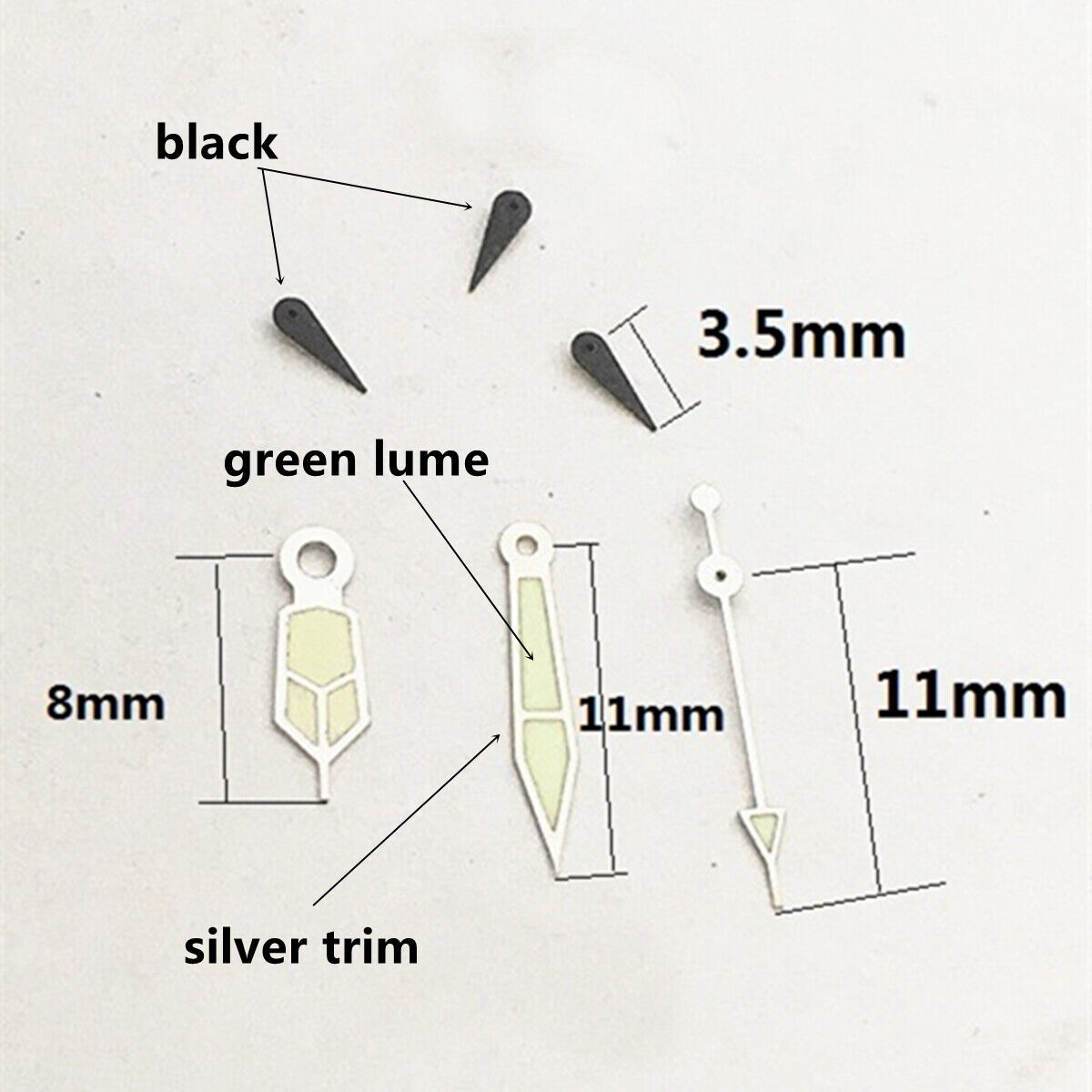Petite aiguille des secondes noire de 11 mm, garniture argentée, pour mouvement VD53, VD54 et VD57