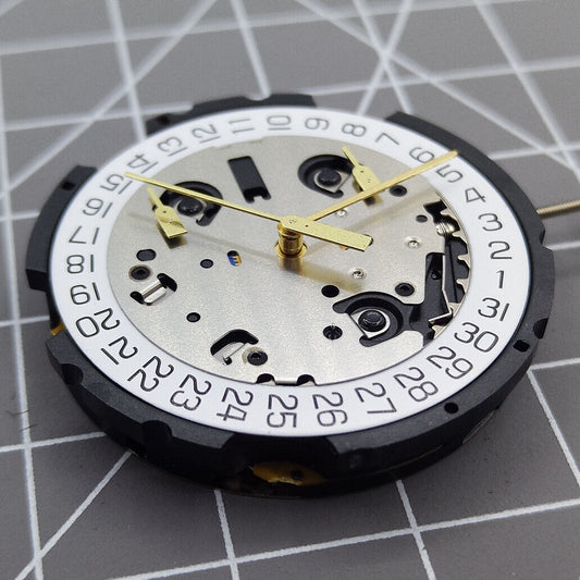 Swiss Made ETA G10.212 quartz watch movement with 3 hands and date function, precise timekeeping.