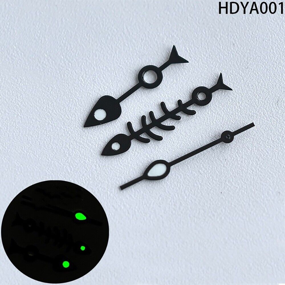 Matted Black/White Trim Fish Bone Green Lume Watch Hands for NH35 NH36 Movement