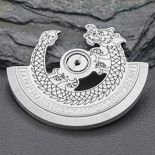 Steel silver dragon-carved rotor for NH35 NH36 watch movement, enhancing precision and style.