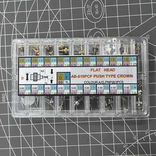 54PCS AB-619PCF watch crown and chronograph buttons for precision watch repair and replacement.