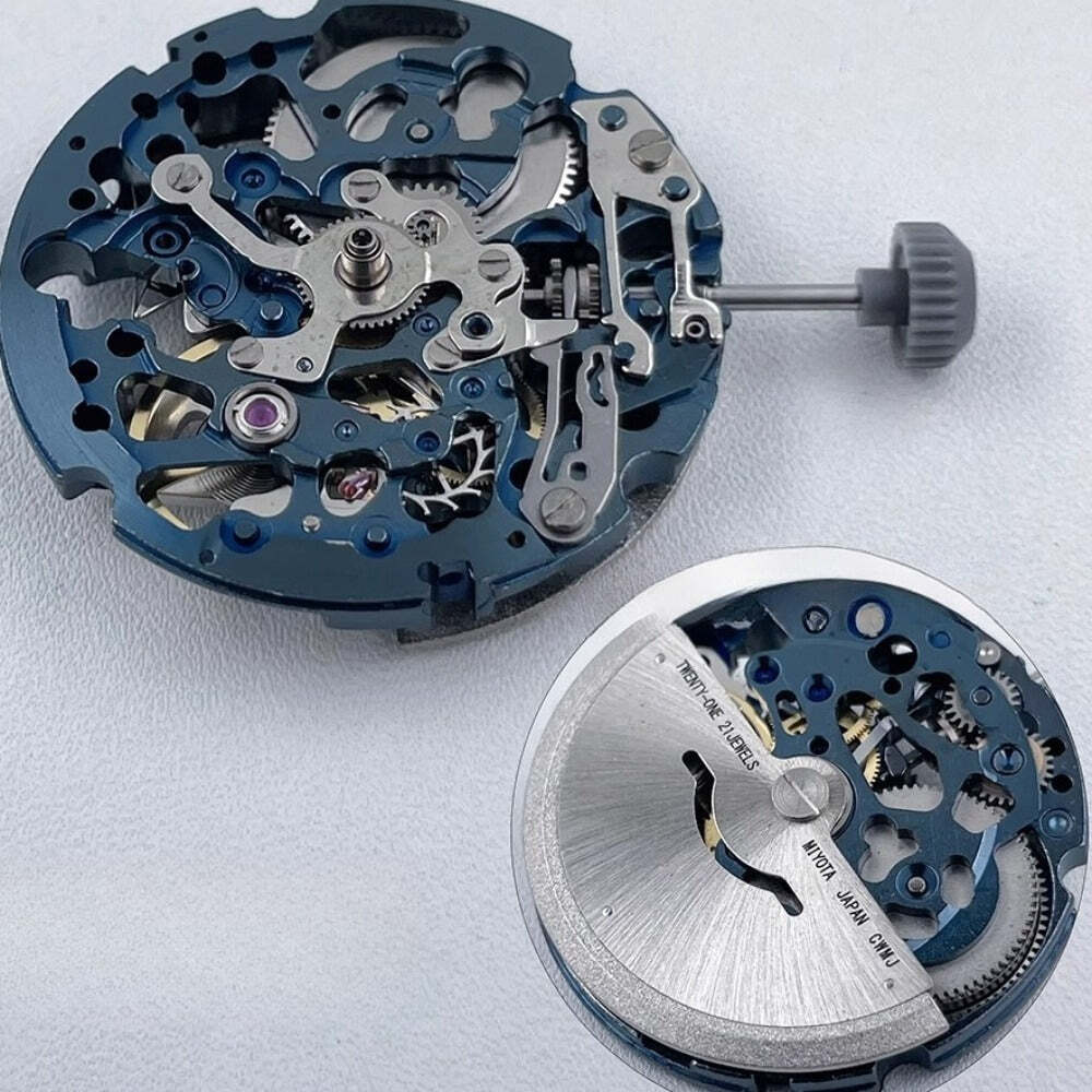 Miyota 8N24 blue hollow automatic mechanical watch movement for precise timekeeping accuracy
