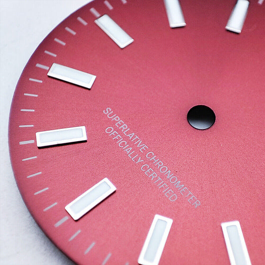 Green luminous metal polished red watch dial for NH35 movement, ideal for custom timepieces.