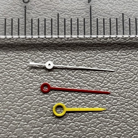 Set of yellow, red, and white watch hands for Miyota 2035, 2115, 2105, 2305 movements.