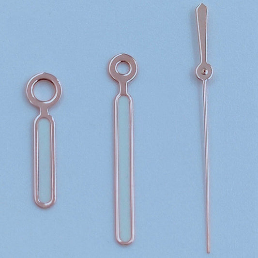 Rose golden trimmed 12.5mm white and green lume watch hands for NH35 NH36 7S26 movements.