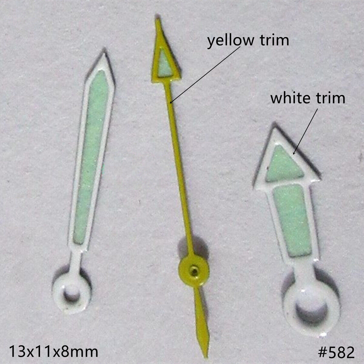 13 mm hohle weiße + gelbe Zierleiste mit grüner Leuchtmasse, Uhrzeiger-Set für Miyota 2035 2115