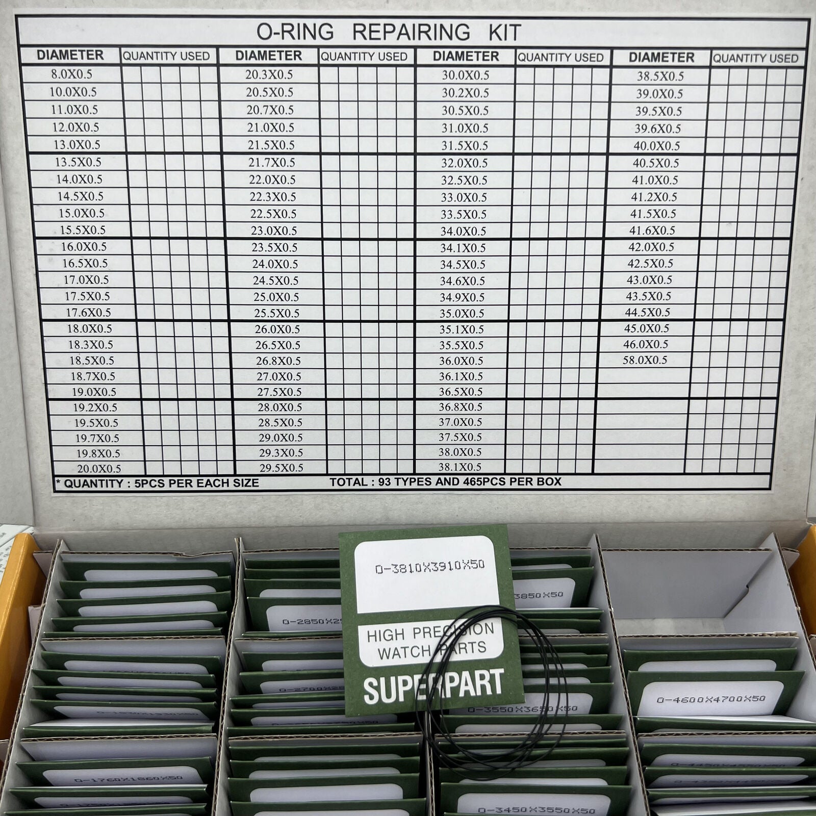 Waterproof O-ring kit 465pcs, 0.5mm thickness, 93 sizes for watch back gasket seals.