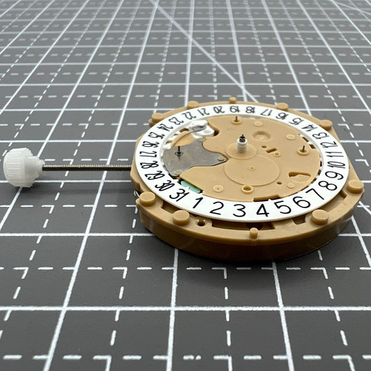 Sunon PE60 quartz watch movement with date at 6 o'clock, three-hand design for precise timekeeping.