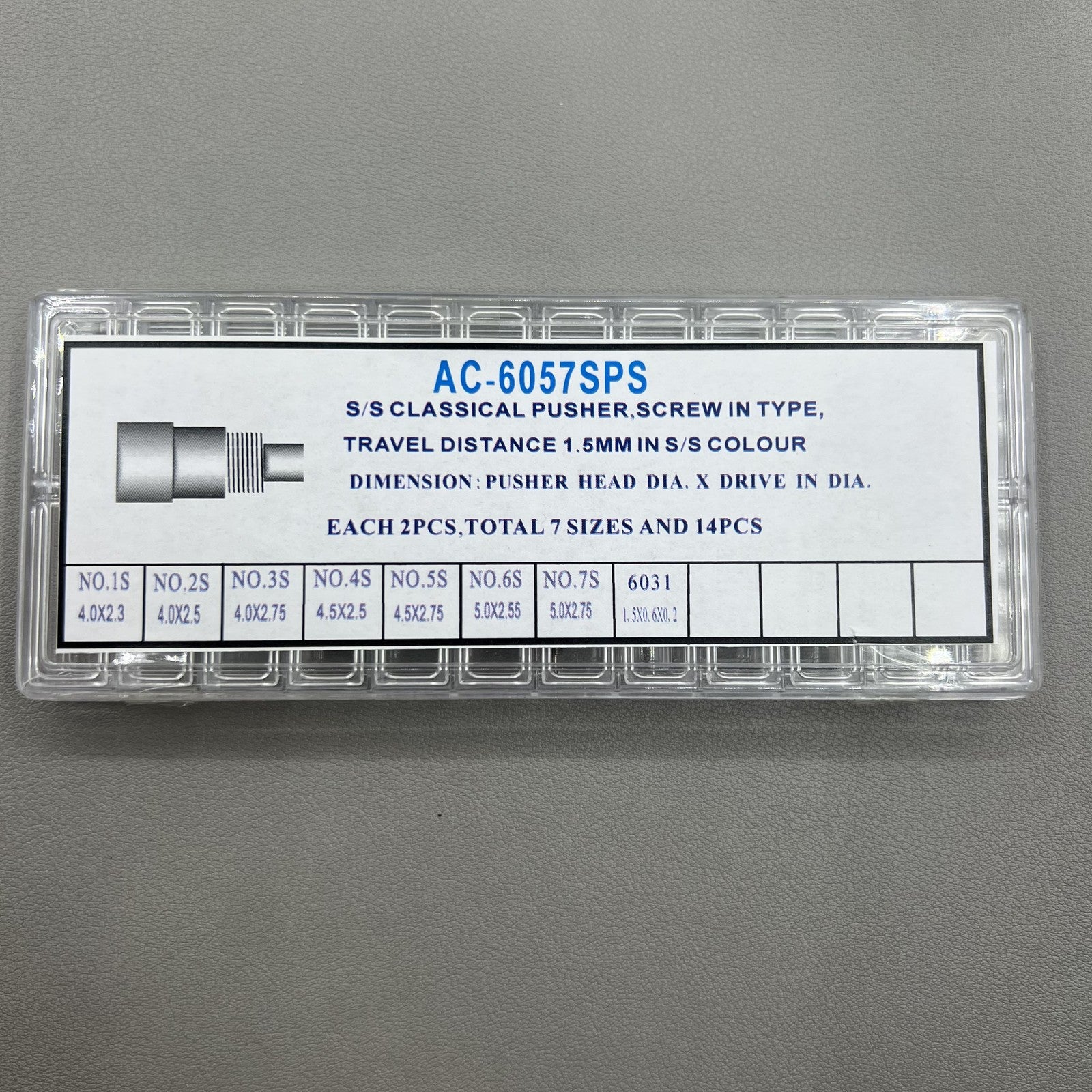 Silver stainless steel watch accessories set, 14 pieces, 7 sizes, classical pusher drive.