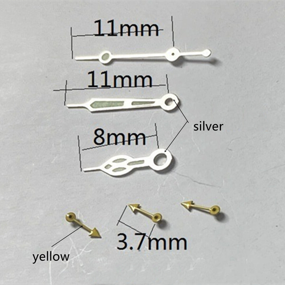 Aiguilles de montre luminescentes vertes argentées de 11 mm pour Miyota OS10, OS20, OS22, OS60, OS80