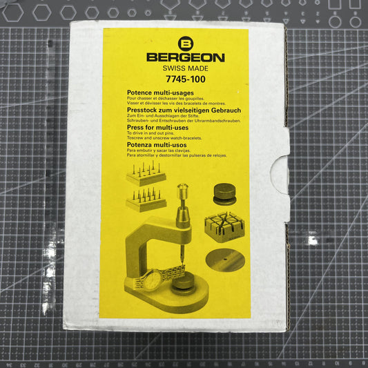 Swiss Bergeon 7745-100 pin pusher press for precise watch bracelet adjustments and repairs.