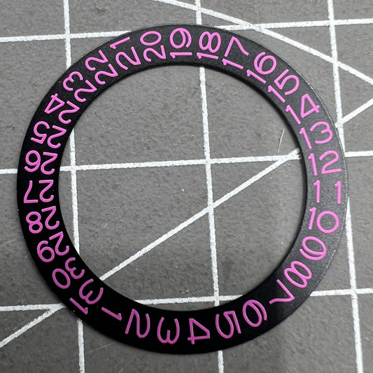 Pink character date disk overlay on black background for NH35 NH36 watches, enhancing dial readability.