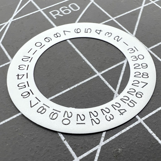 Wide brim white date wheel overlay for ETA 2836 movement with date display at 3 o'clock.