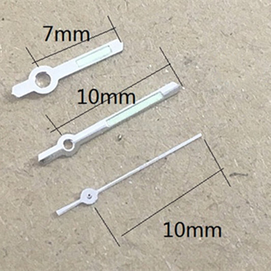 Silver luminous watch hands for Miyota 2035 quartz movement, enhancing visibility and style.