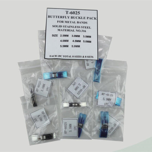 Stainless steel butterfly buckles pack, 8 sizes for metal watch bands, enhancing secure fit and style.