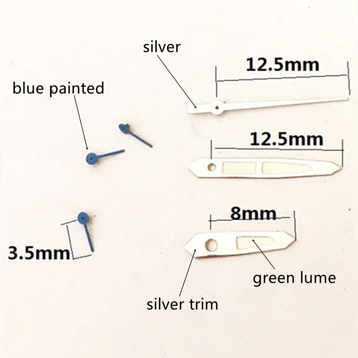 Silver-trimmed Green Lume watch hands, 12.5x12.5x8mm, compatible with VD53, VD54, VD57 movements.