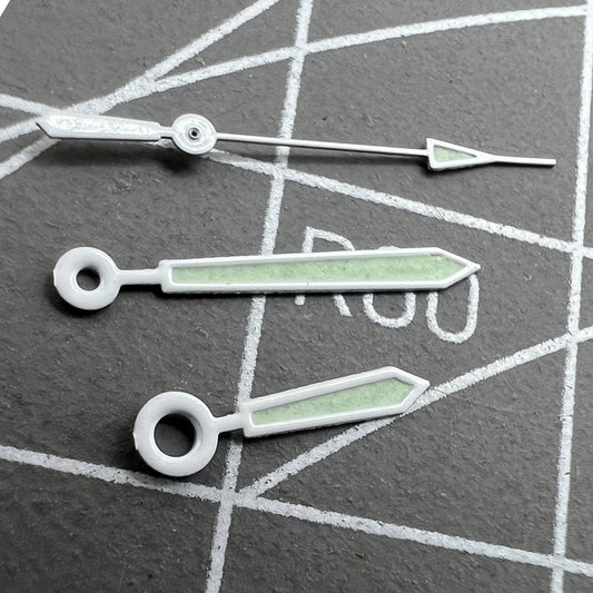 12mm silver trim green lume watch hands for Hattori Epson PC32 quartz movement, precise fit accessory.