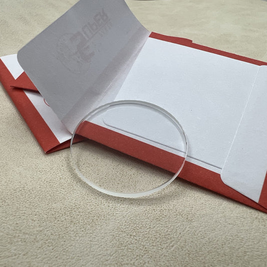 Set of 32 flat round watch glass crystals, 2.0mm thick, 25.7-38.4mm, perfect for watch repair and replacement.