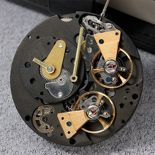 Black Shanghai watch accessory featuring multifunctional automatic movement and double flywheel design.