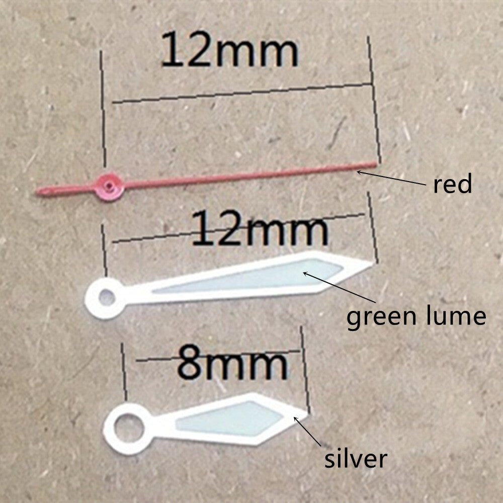 Silver-trimmed red second hand and green lume hour and minute hands for Miyota 1M12 watches.
