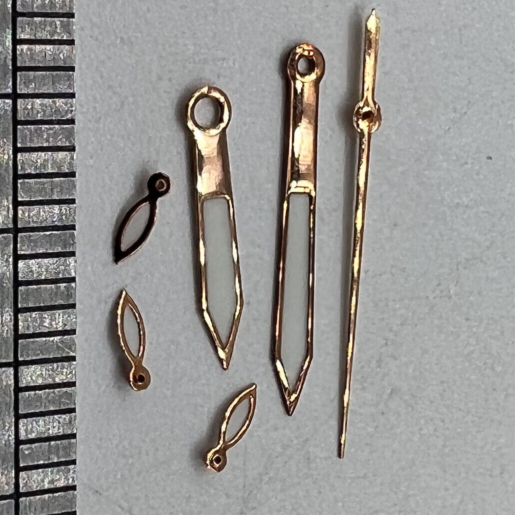 Rose gold 14.5mm watch hands with white paint, fits Miyota OS10 OS20 OS60 OS80 movements, elegant accessory.