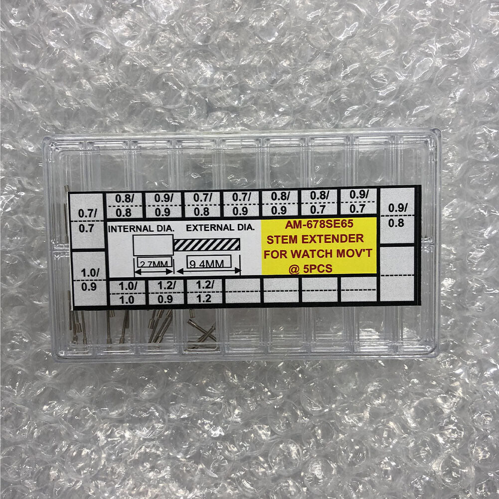 AM-678SE65 watch winding stem extenders set, 13 sizes, 65 pieces, compatible with various watch movements for precise adjustments.