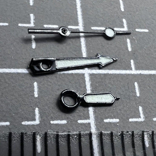 Set of black trim green lume watch hands for Miyota 2035/2115/2105/2305 movements.