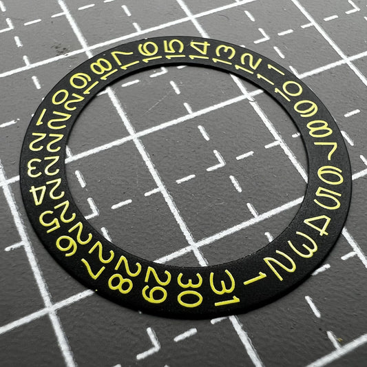 Black background date wheel with yellow characters, compatible with NH35 NH36 watch movements.