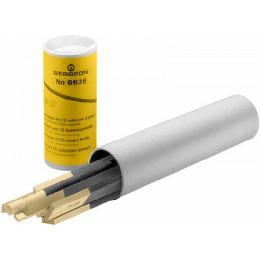 Bergeon 6636 Swiss Made emery buffs assortment with 15 precision watch polishing tools for accessories.