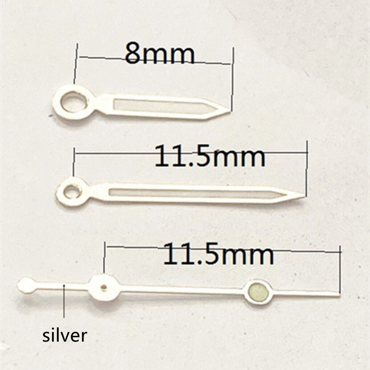 Aiguilles de montre 11,5 mm avec garniture argentée et luminescente verte pour mouvement à quartz Ronda 515