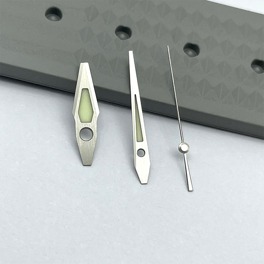 Silver trim green luminous watch hands set by P2-1-A, compatible with SPB153J1 NH35A movement.
