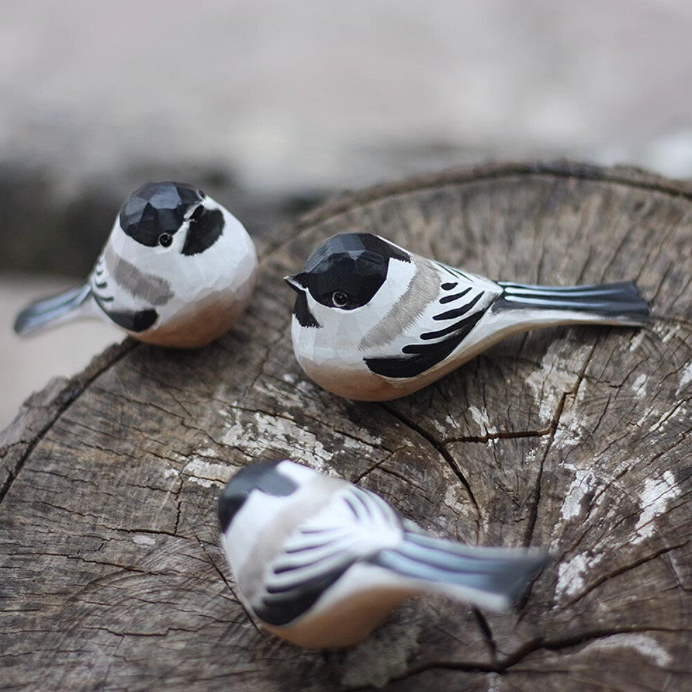 Handcrafted black-capped chickadee wooden figurine, ideal for elegant home decor and thoughtful gifts.