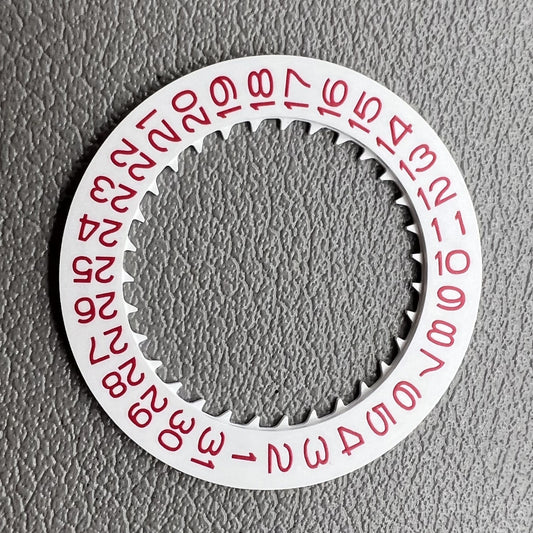 White date disk wheel with red font for NH36 NH35 watch movement, positioned at 3 o'clock crown by Date@3.