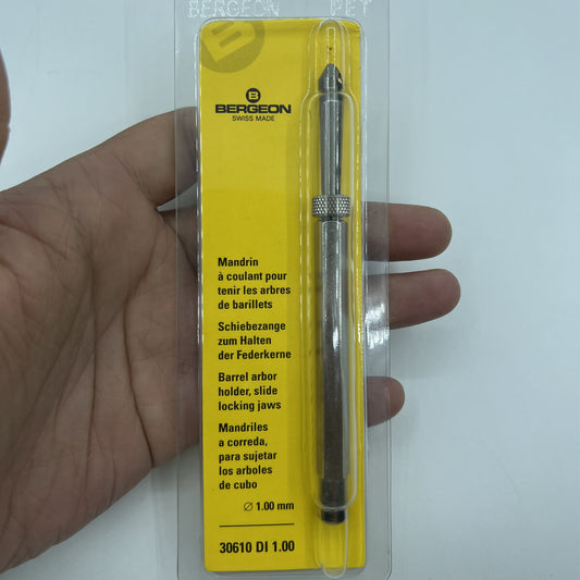 Bergeon 30610 barrel arbor holder, size 0.90-1.75mm, precision tool for watch repair and assembly.