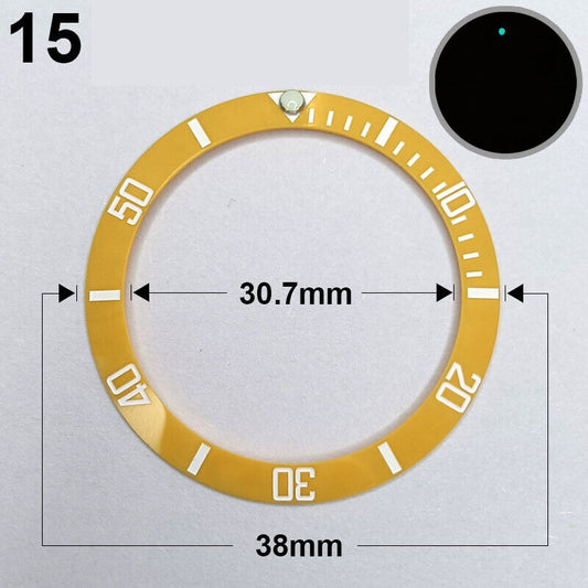 38mm ceramic slope yellow ring bezel with white font and green luminous details for watches.