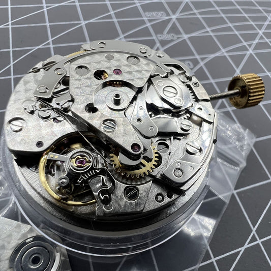 Automatic chronograph watch with ETA 7753 movement and small seconds at 6 o?clock.