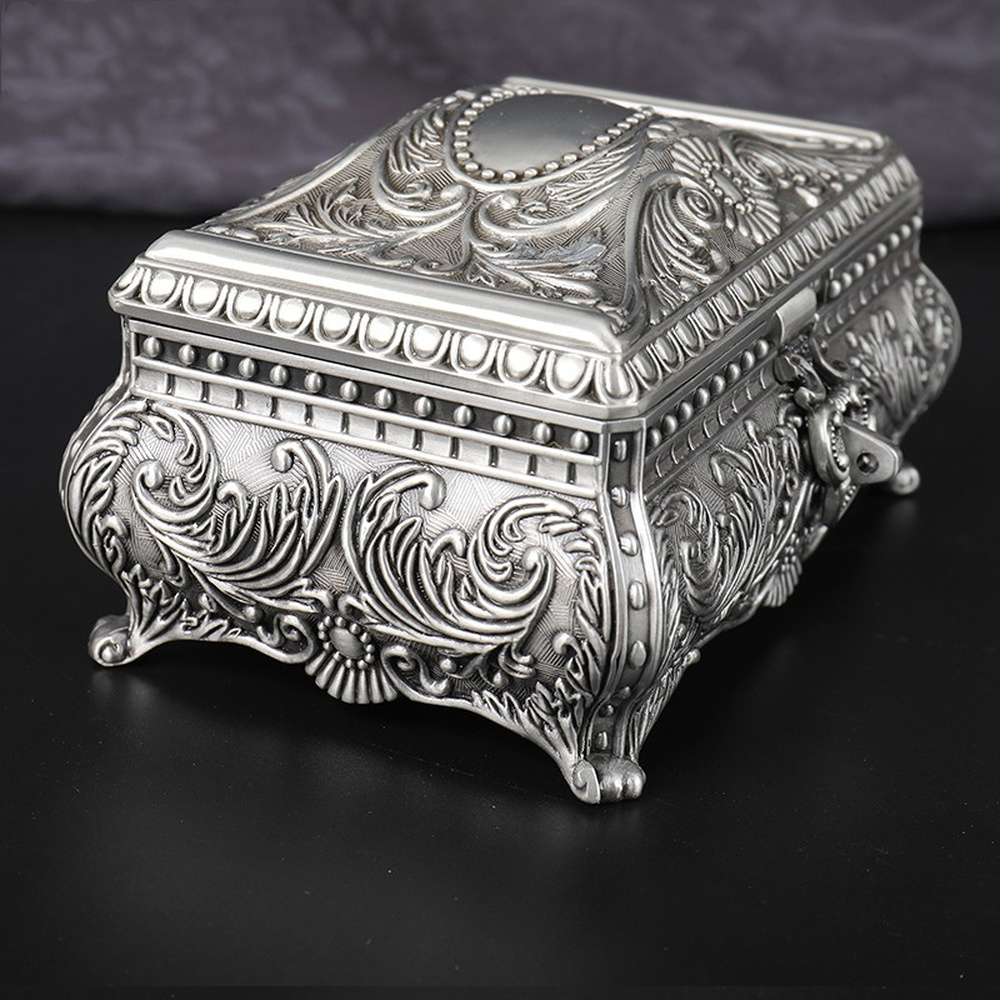 #0317 Retro Rectangle Jewelry Box Flower Sculpture Trinkets Chest Jewelry Case