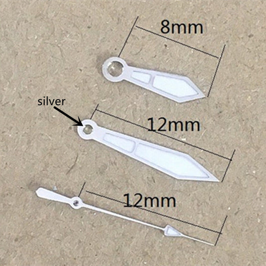 Arrow shape 12mm silver trim watch hands compatible with Miyota 2315, 2035, 2036.