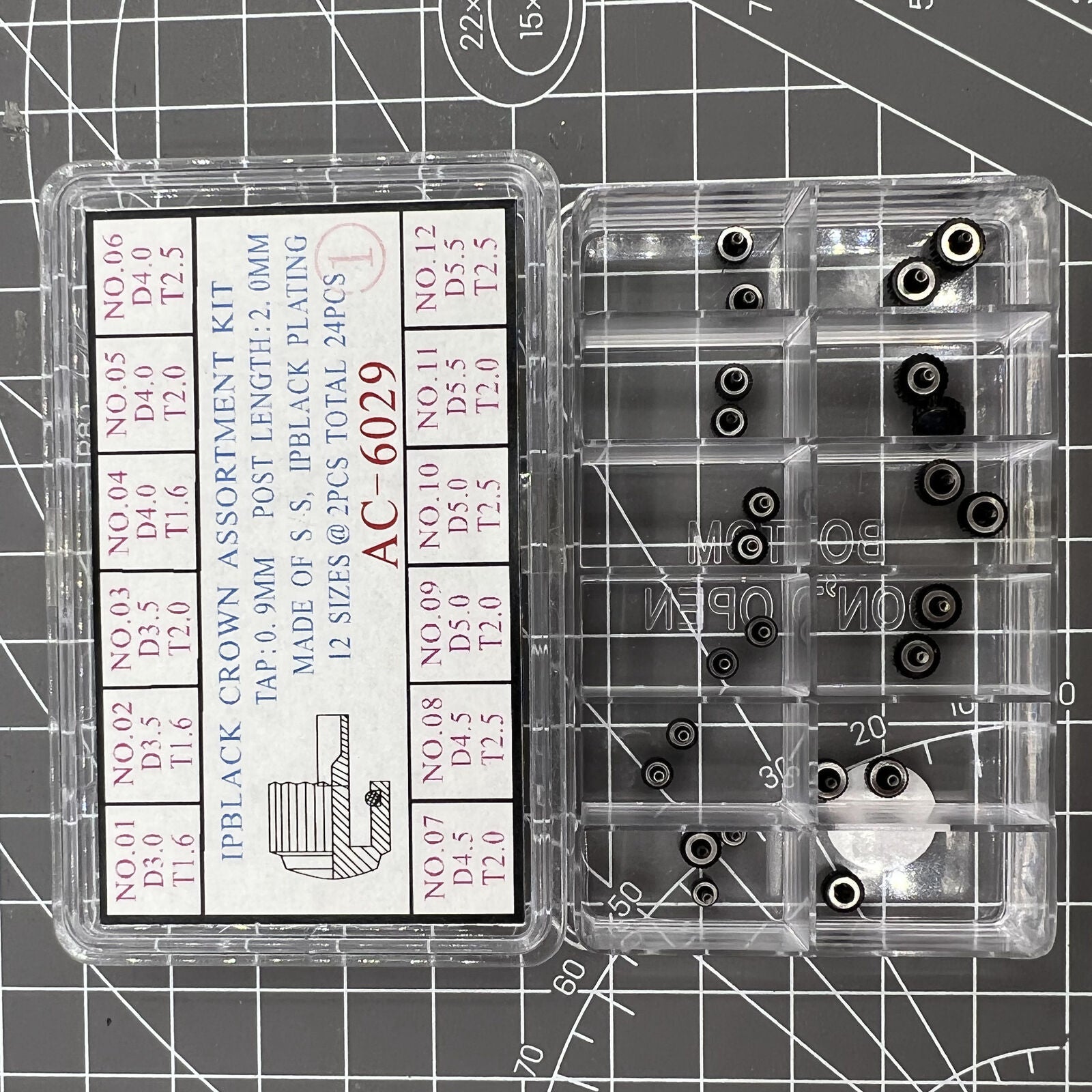 Black plated stainless steel watch crowns assortment kit, 24 pieces, 12 sizes for watch repairs ?.