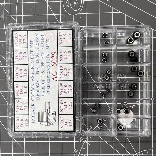 Black plated stainless steel watch crowns assortment kit, 24 pieces, 12 sizes for watch repairs ?.