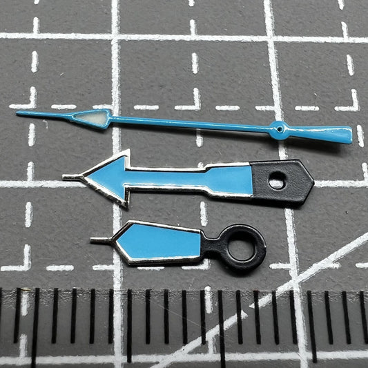 Dark silver-trimmed blue painted hands with green lume, designed for Seiko NH35 NH36 movements.