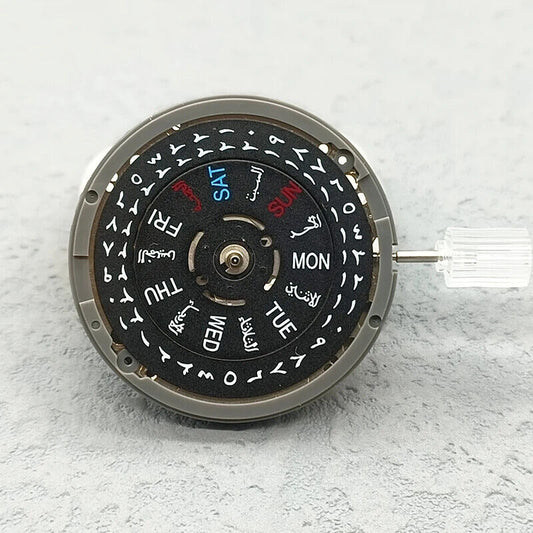 Japanese NH36 automatic watch movement with black Arabic dial and date, crown positioned at 3.8.