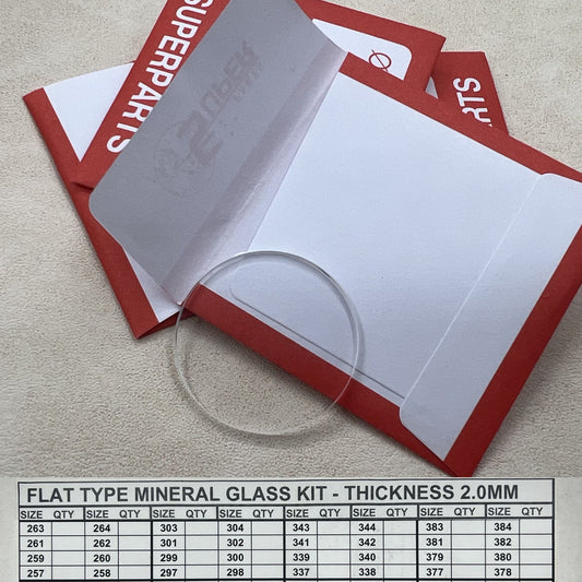 Set of 32 flat round watch glass crystals, 2.0mm thick, 25.7-38.4mm, perfect for watch repair and replacement.