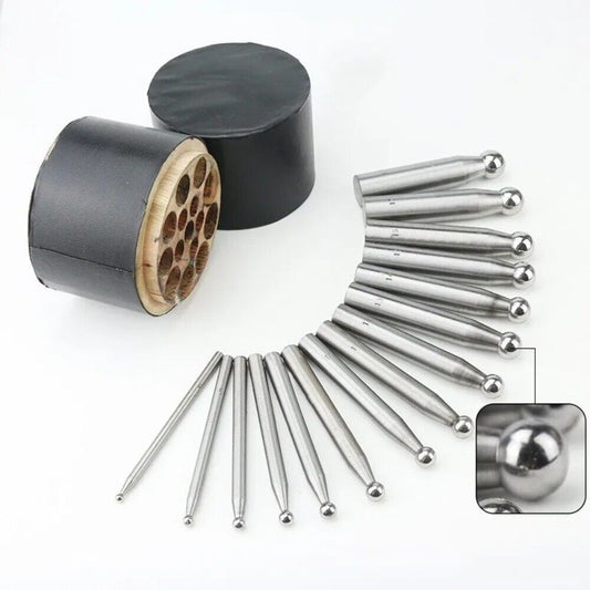 Shaping dapping punch set for jewelers with wooden stand, precision metal shaping hand tools.