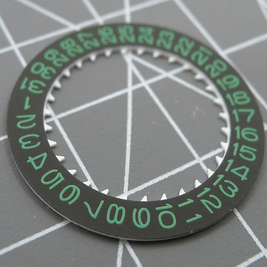 Green font date disk wheel for NH35 watch movement with black background, enhancing readability and style.
