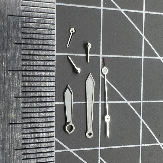 Arrow-shaped 13mm silver-trimmed green lume watch hands for VD53 VD54 VD57 movement.