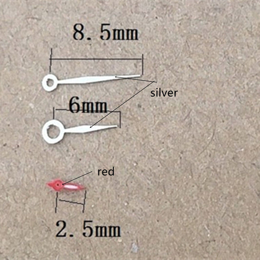 Silver and red trim diamond-shaped watch hands for Miyota 1L45 quartz movement by Silver+Red.