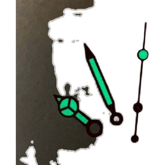 Green luminous watch hands set for NH35 NH36 movement, including lightening second hands.