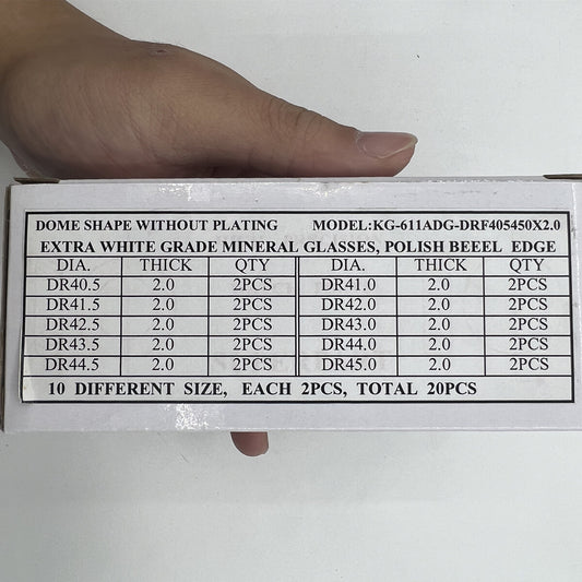 Set of 20 flat 2.0mm thick round watch glass crystals, 40.5-50mm, ideal for mineral crystal replacements.